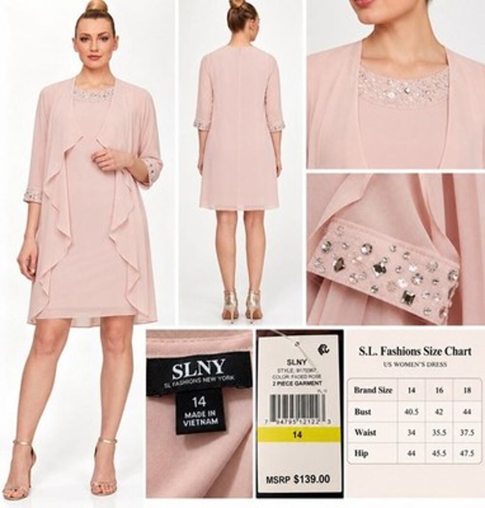 S.L. Fashions Women's Chiffon Tier Jacket Dress with Beaded Neck & Cuffs Pink 14